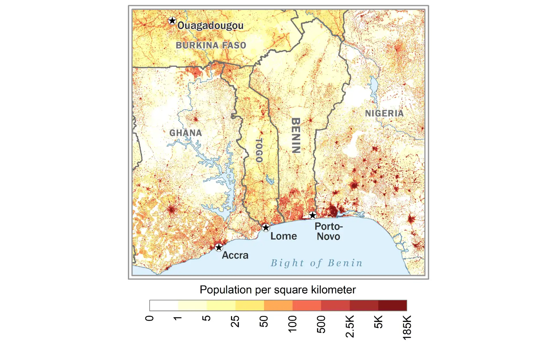 Benin population density map showing distribution of inhabitants across the country
