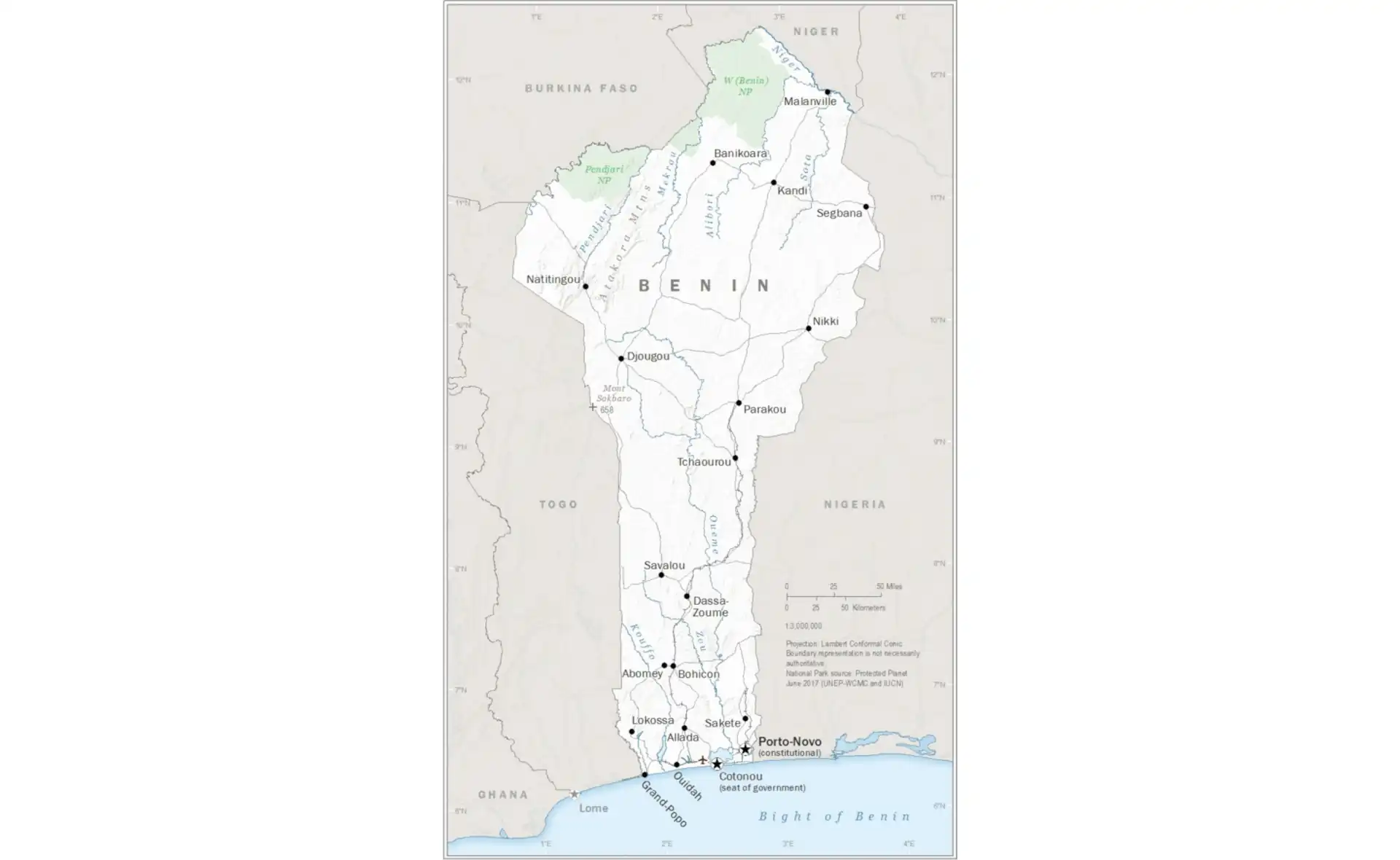 Map of Benin showing major cities, borders, and geographical features