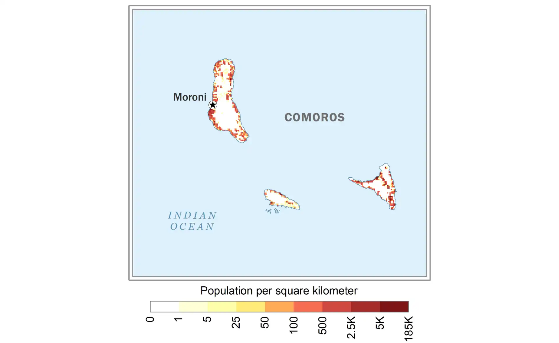 Comoros population density map showing distribution of inhabitants across the country
