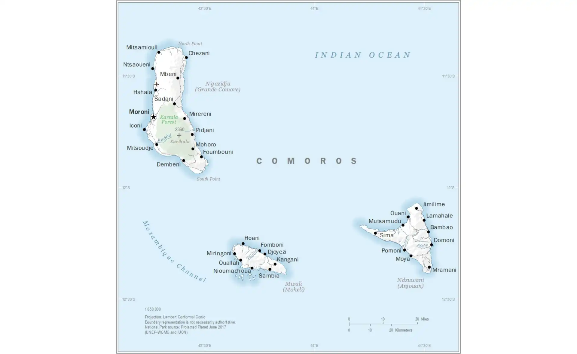 Map of Comoros showing major cities, borders, and geographical features
