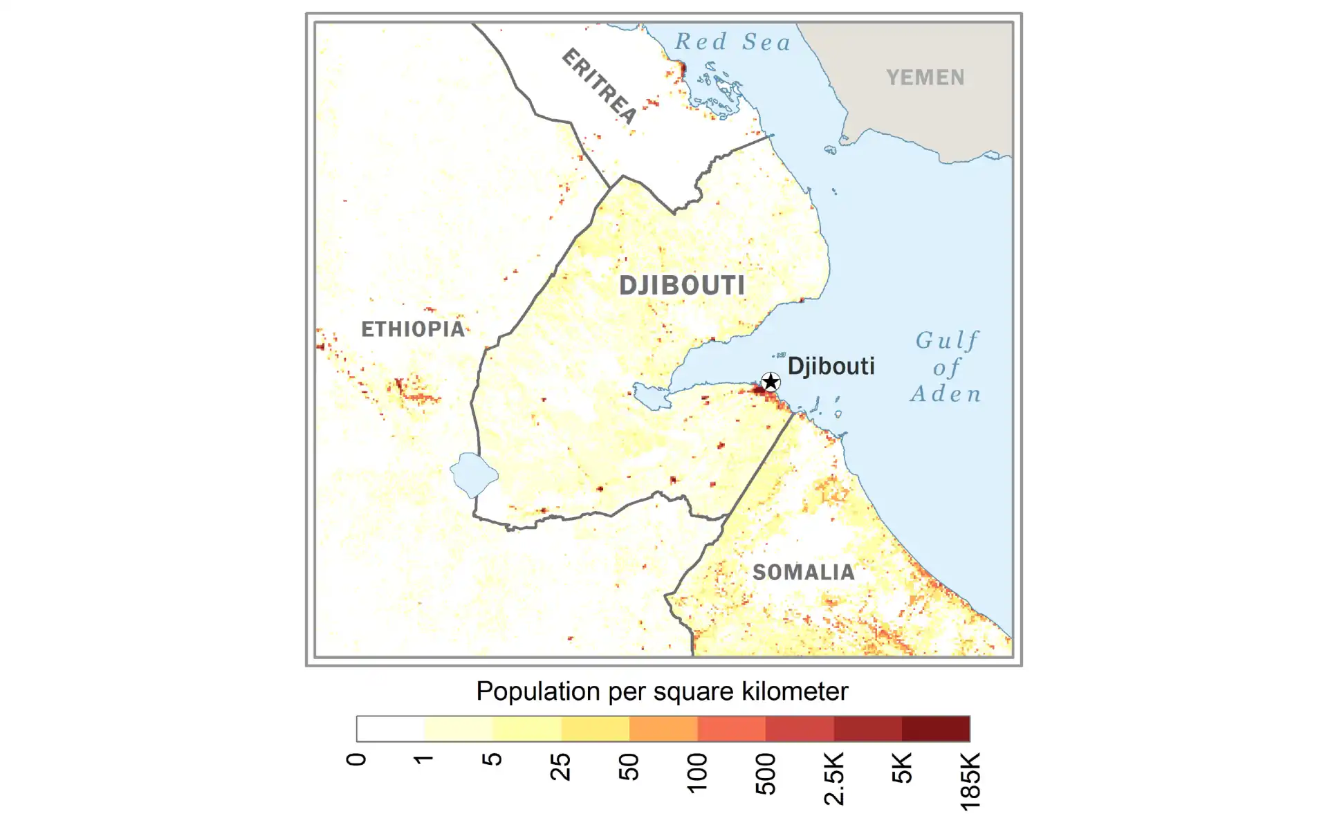 Djibouti population density map showing distribution of inhabitants across the country