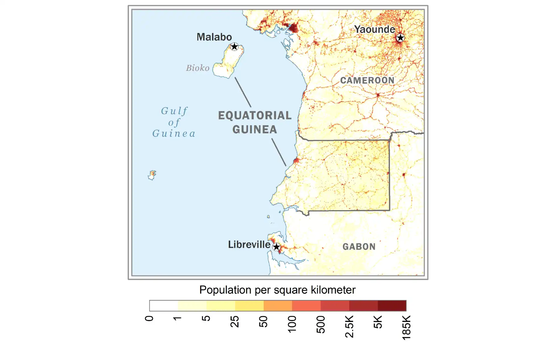 Population density map of Equatorial Guinea showing distribution between islands and mainland