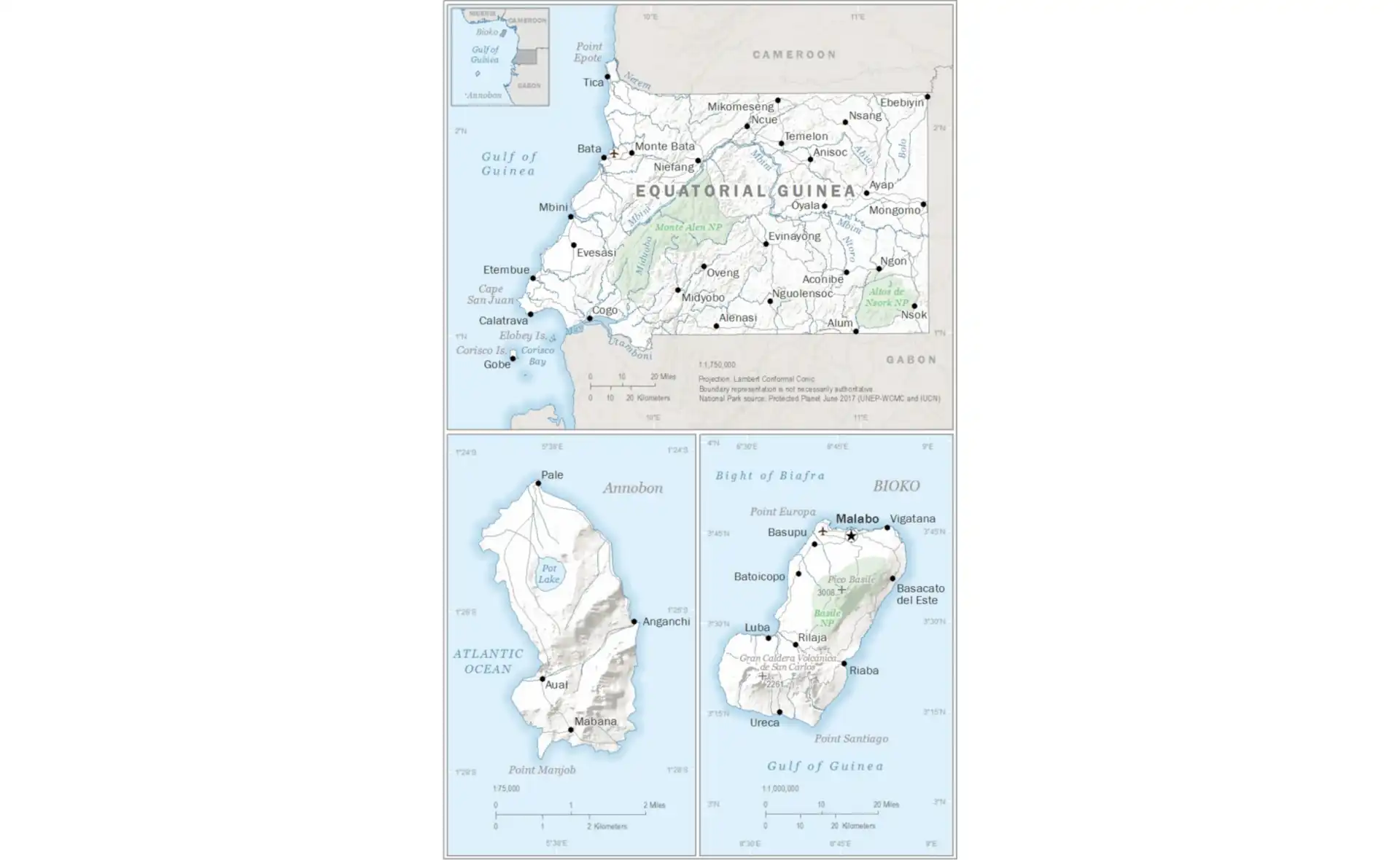 Map of Equatorial Guinea showing Bioko Island, Rio Muni mainland, and major cities