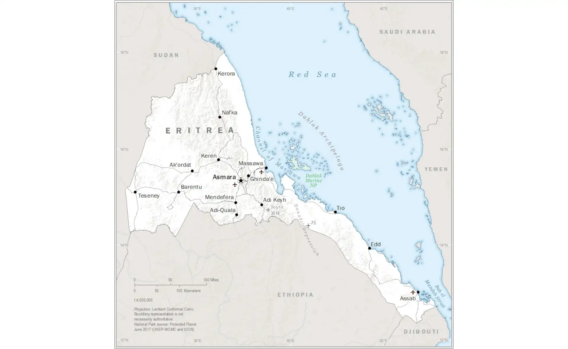 Map of Eritrea showing major cities, Red Sea coastline, and geographical features
