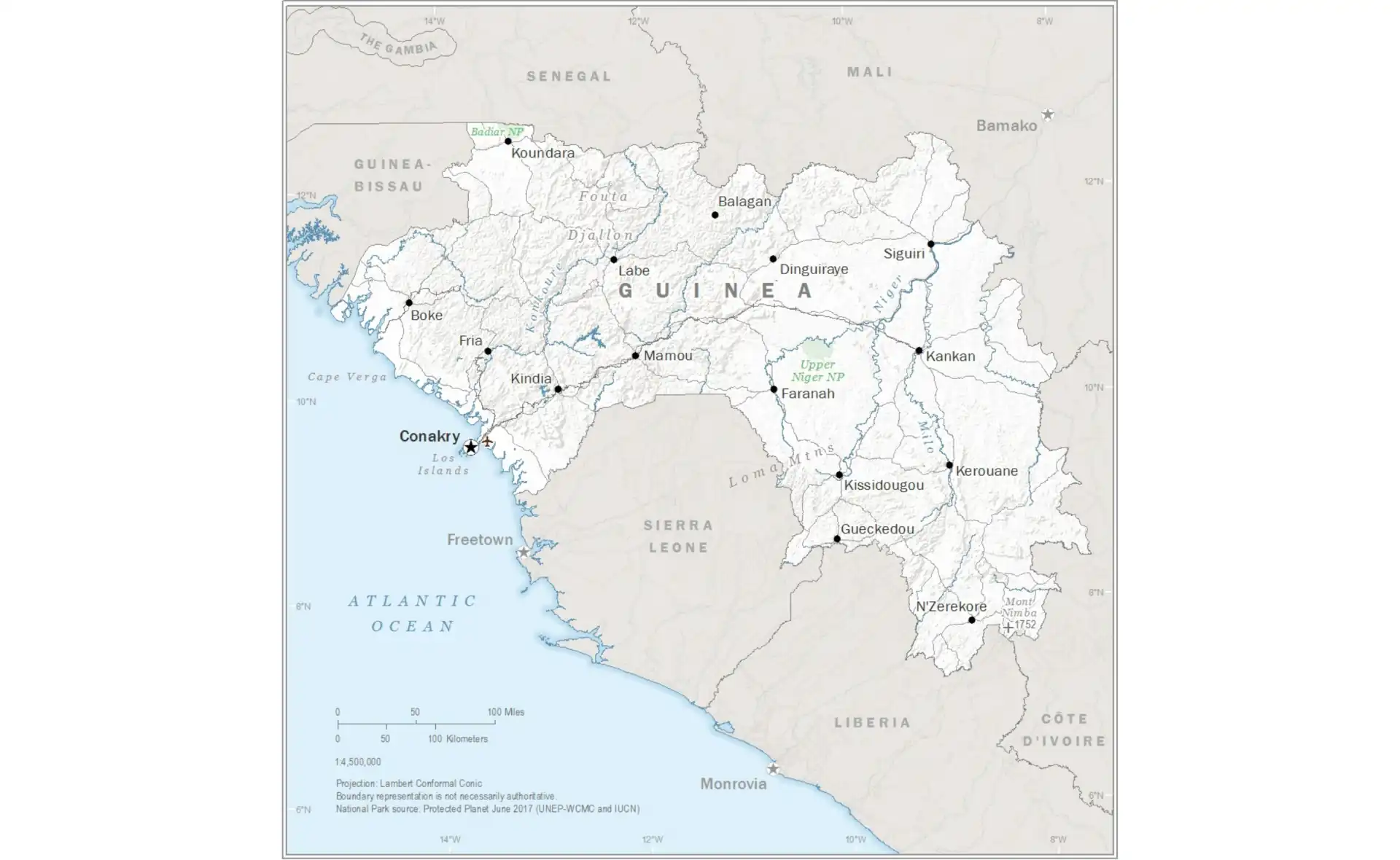 Map of Guinea showing highland regions, river sources, and major cities