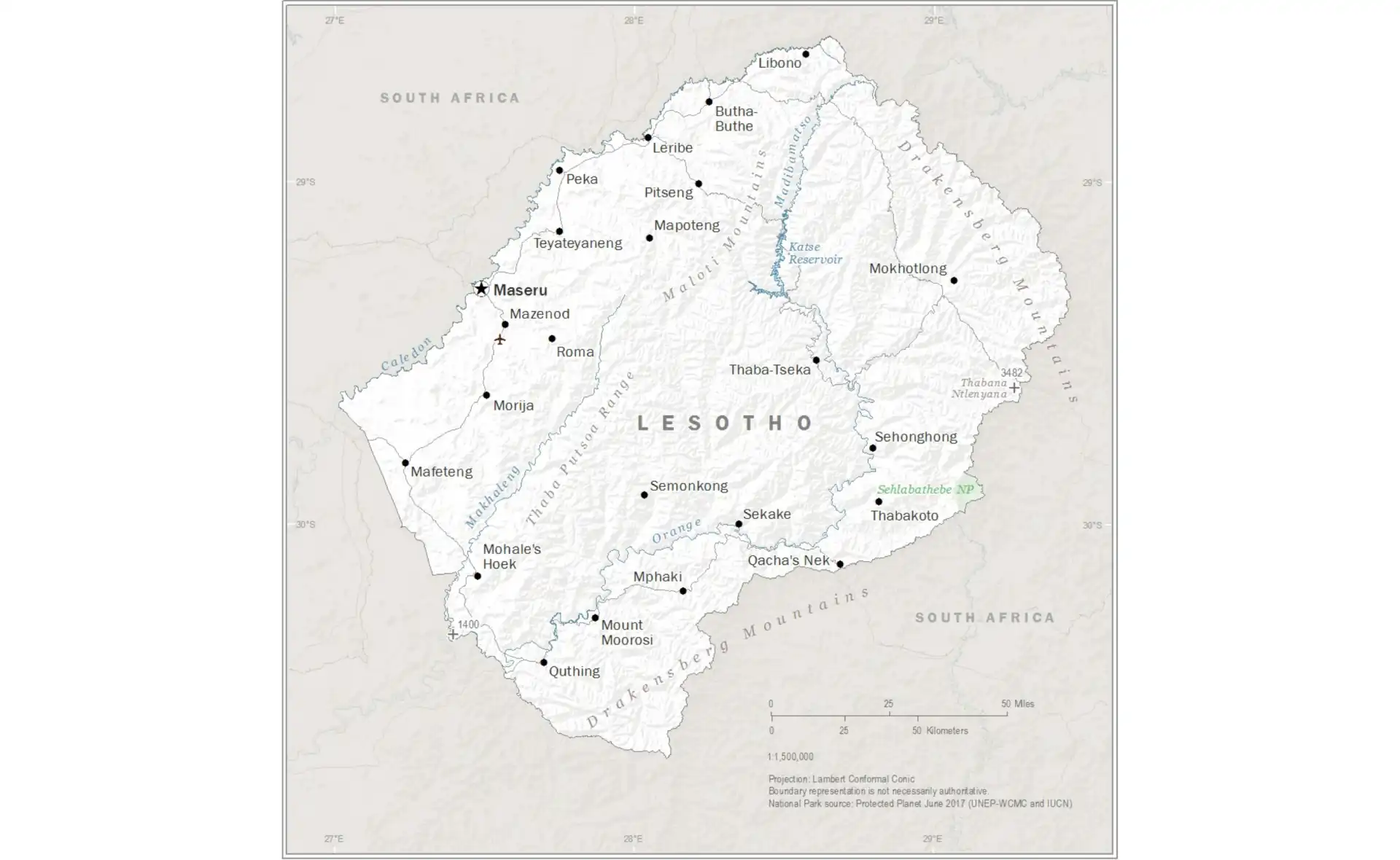 Map of Lesotho showing mountain ranges, major cities, and geographical features