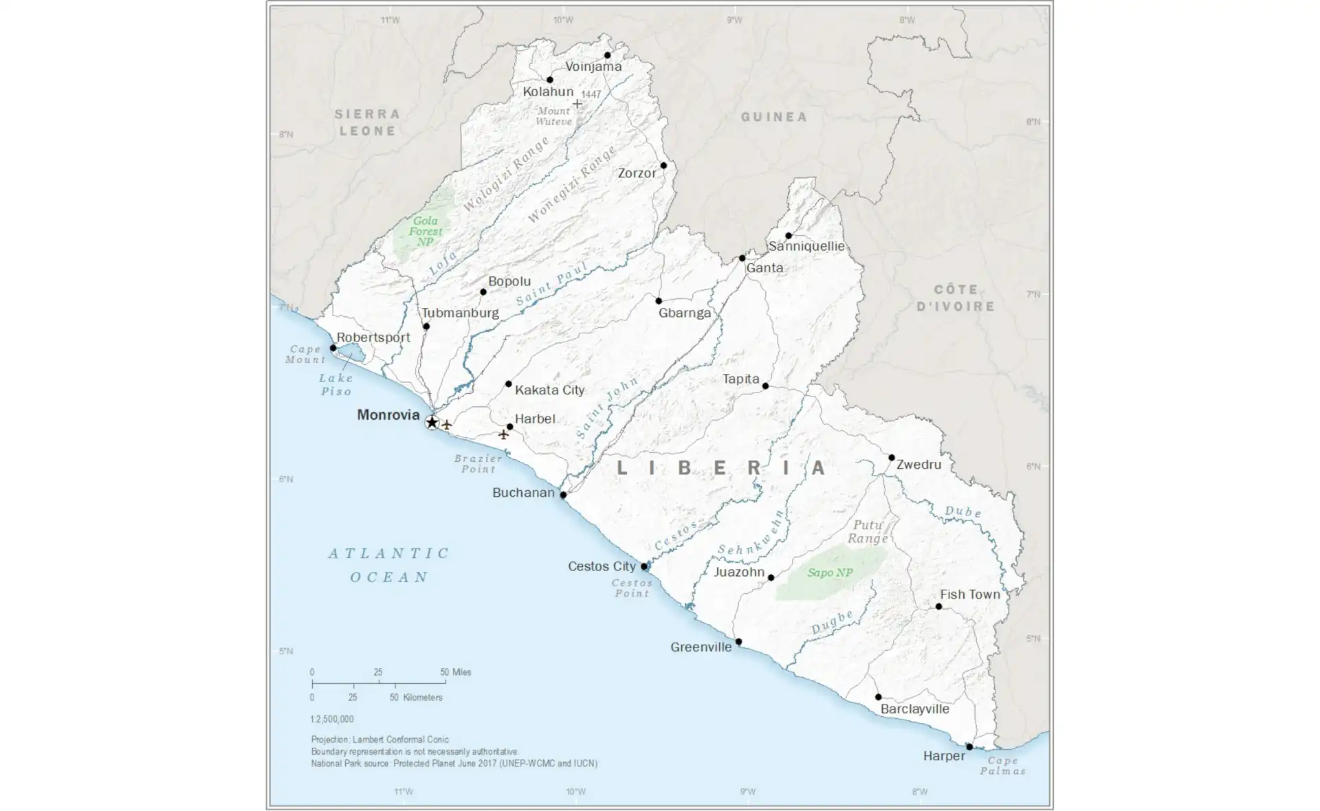 Map of Liberia showing coastal areas, forests, and major cities