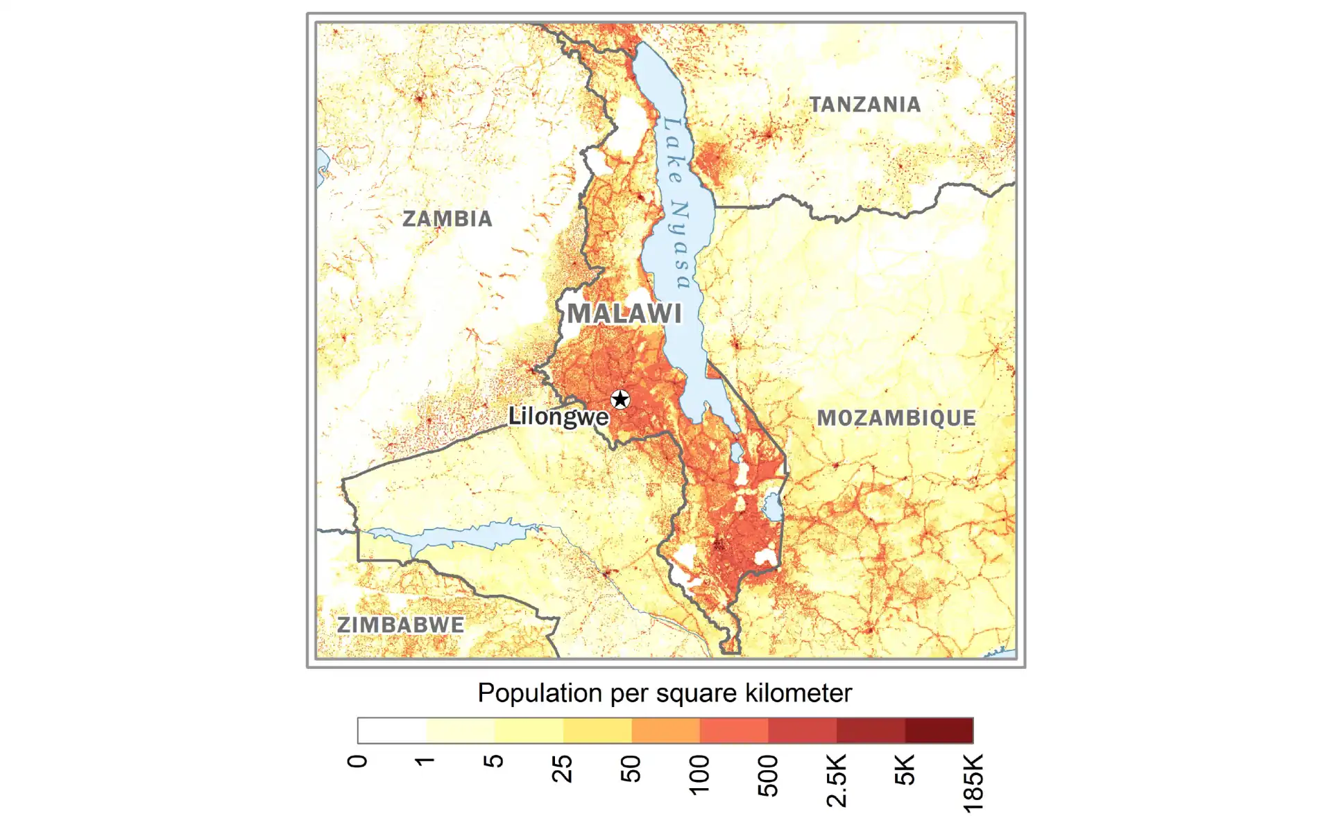 Population density map of Malawi showing distribution patterns across regions
