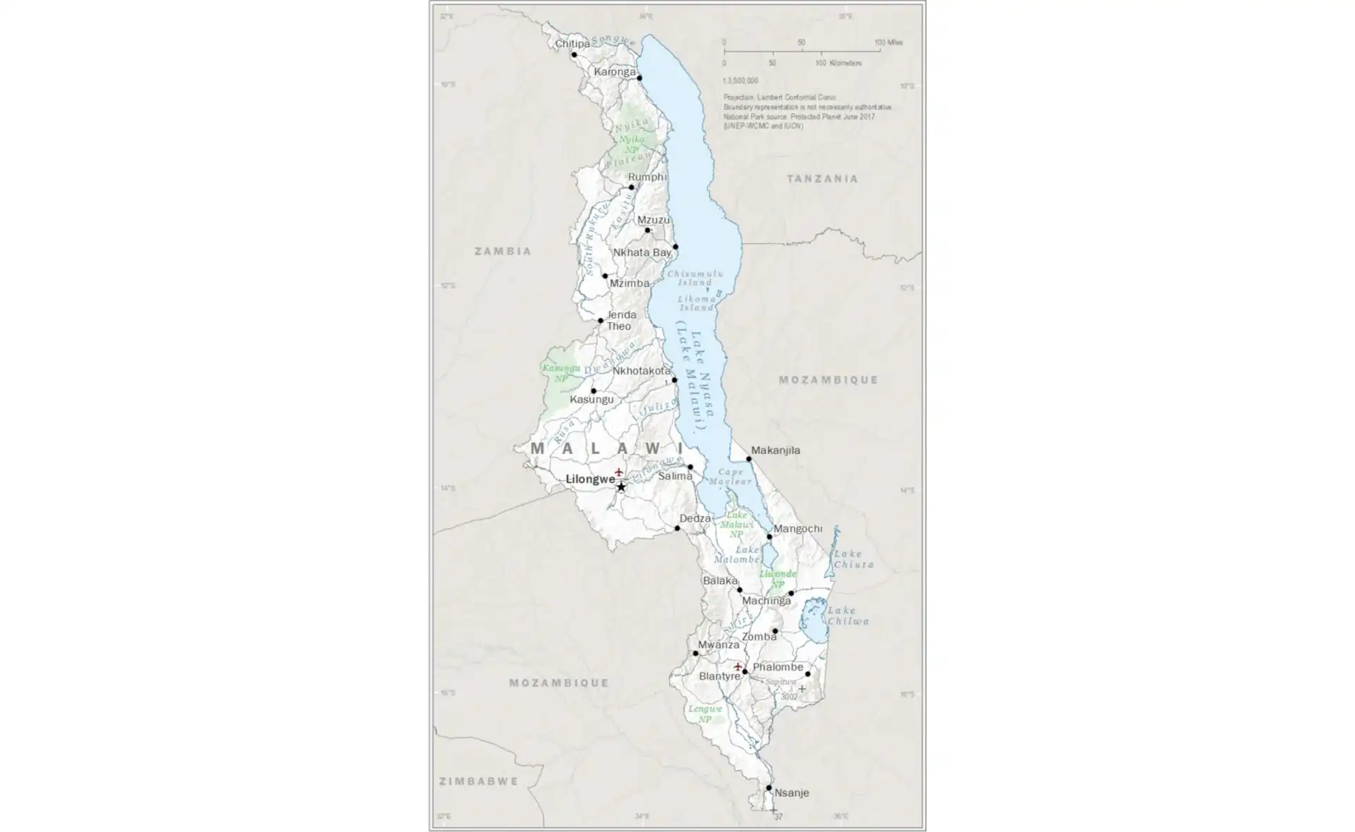 Map of Malawi showing major cities, Lake Malawi, and geographical features