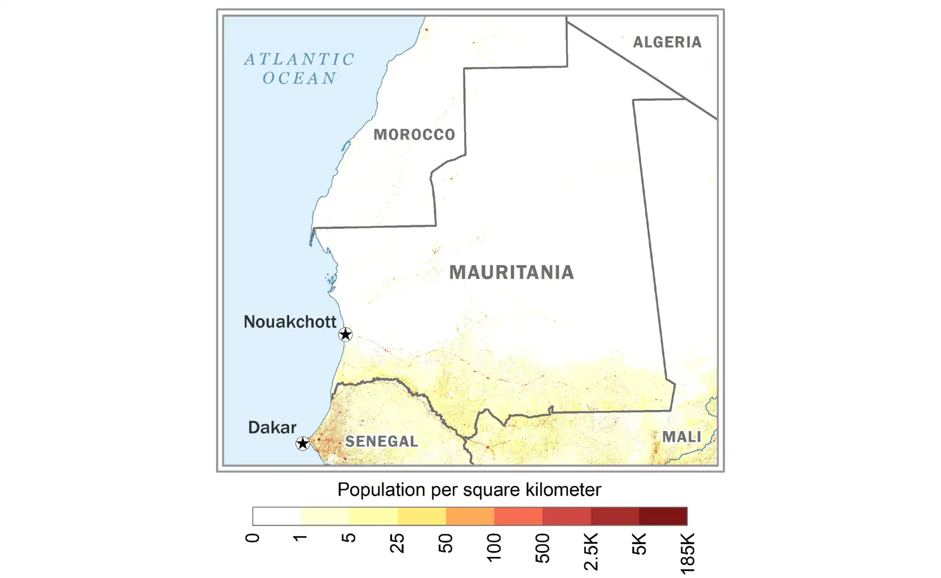 Mauritania population density map showing distribution of inhabitants across the country