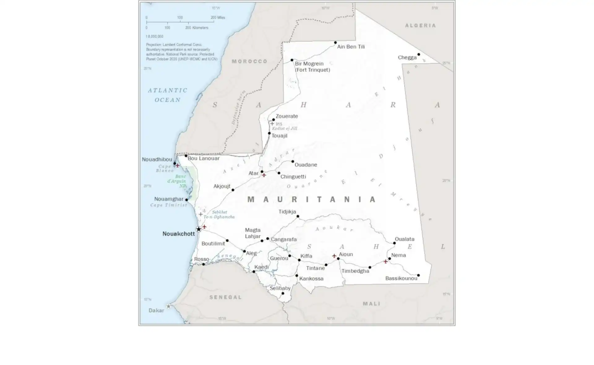 Map of Mauritania showing major cities, borders, and geographical features