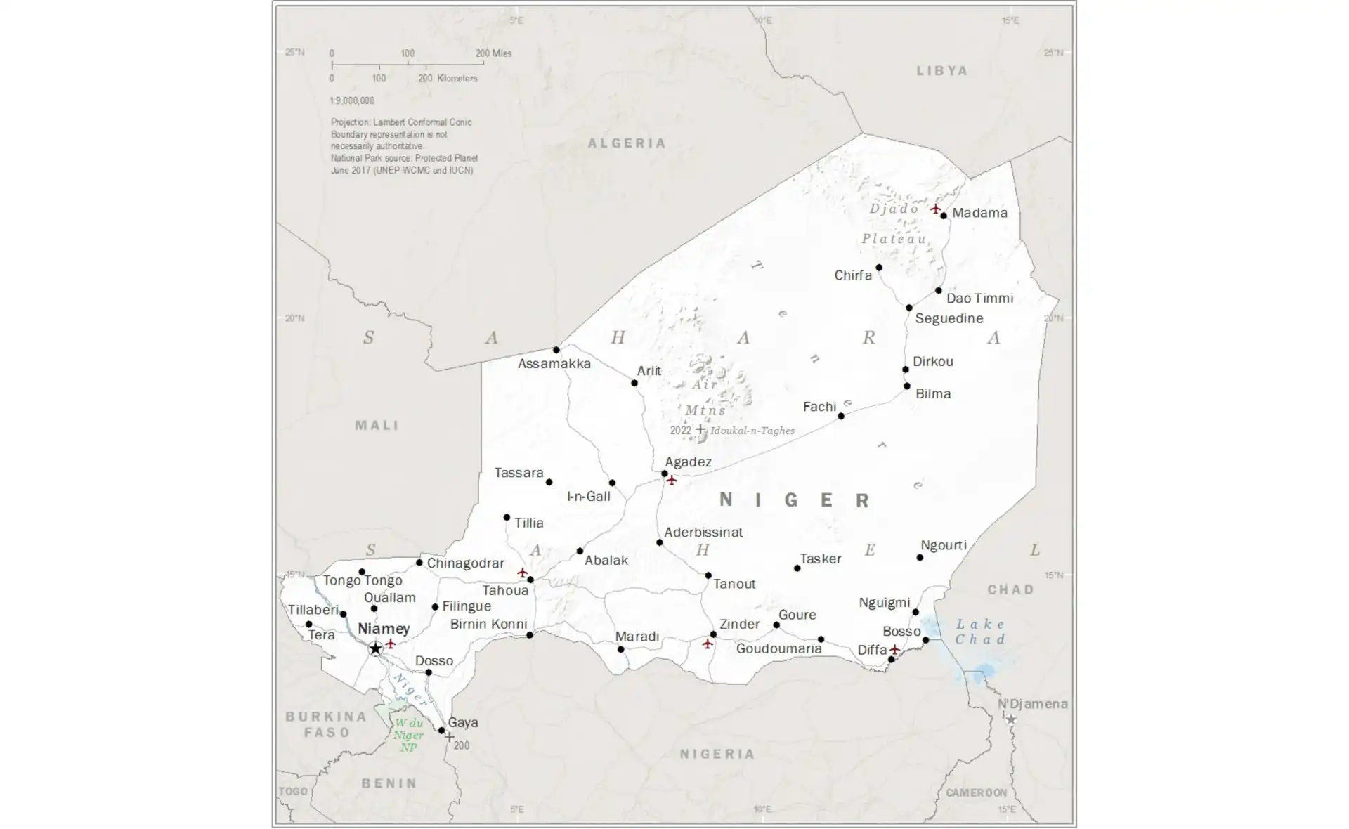 Map of Niger showing desert regions, major cities, and the Niger River
