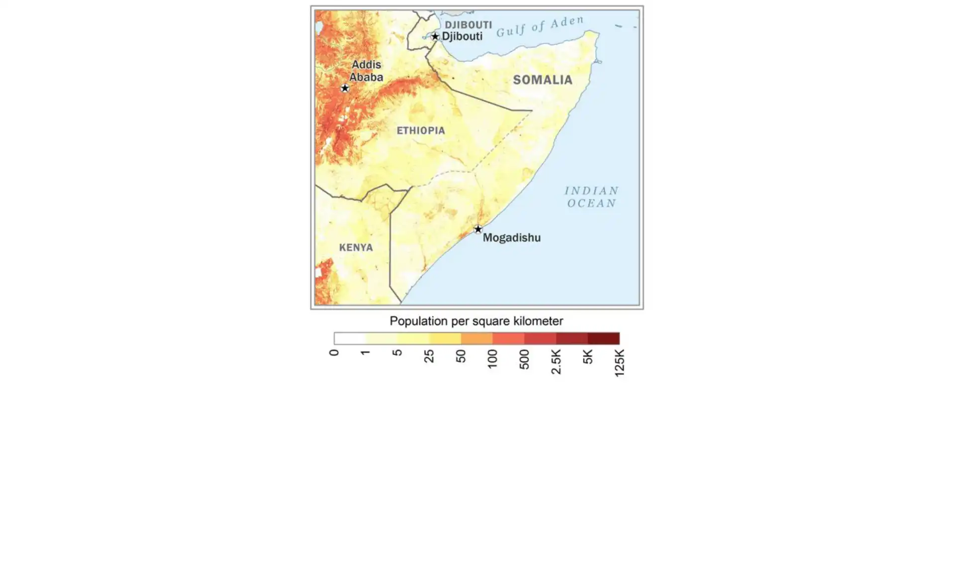 Somalia population density map showing distribution of inhabitants across the country