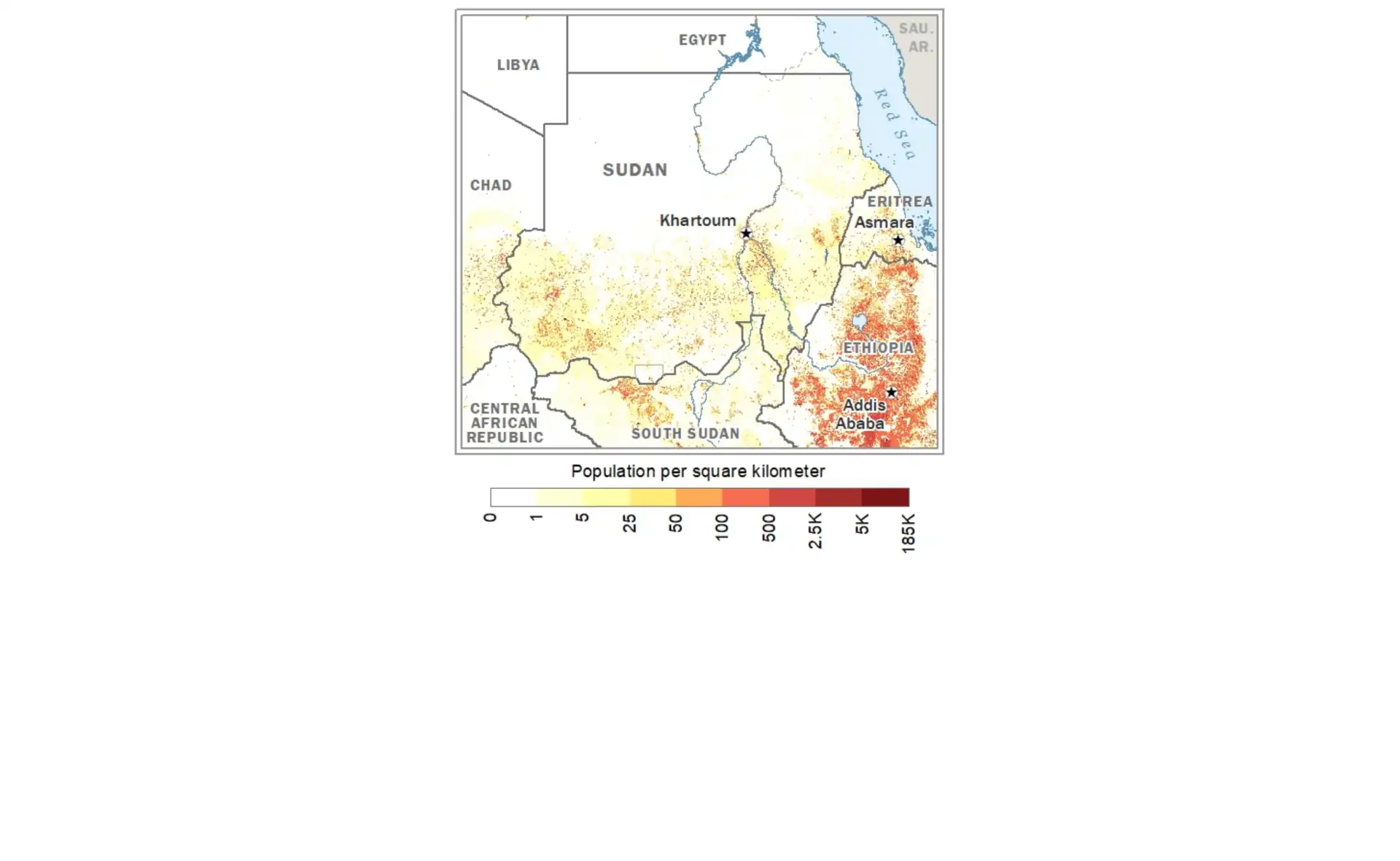 Sudan population density map showing distribution of inhabitants across the country