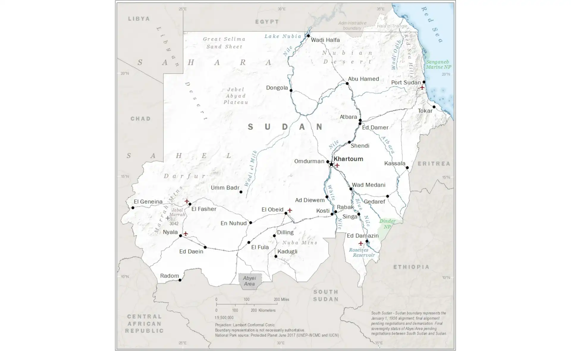 Map of Sudan showing major cities, borders, and geographical features